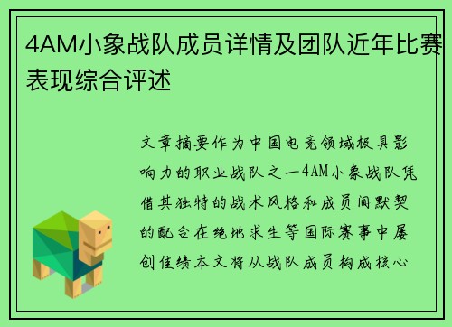 4AM小象战队成员详情及团队近年比赛表现综合评述