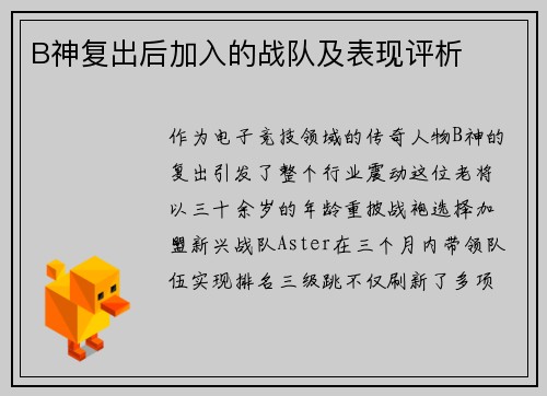 B神复出后加入的战队及表现评析